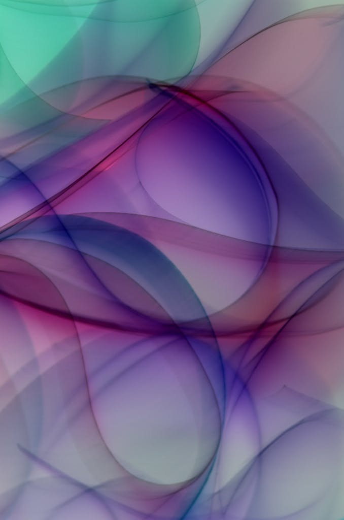 Vibrant abstract artwork, featuring flowing shapes in purple, blue, and green hues.